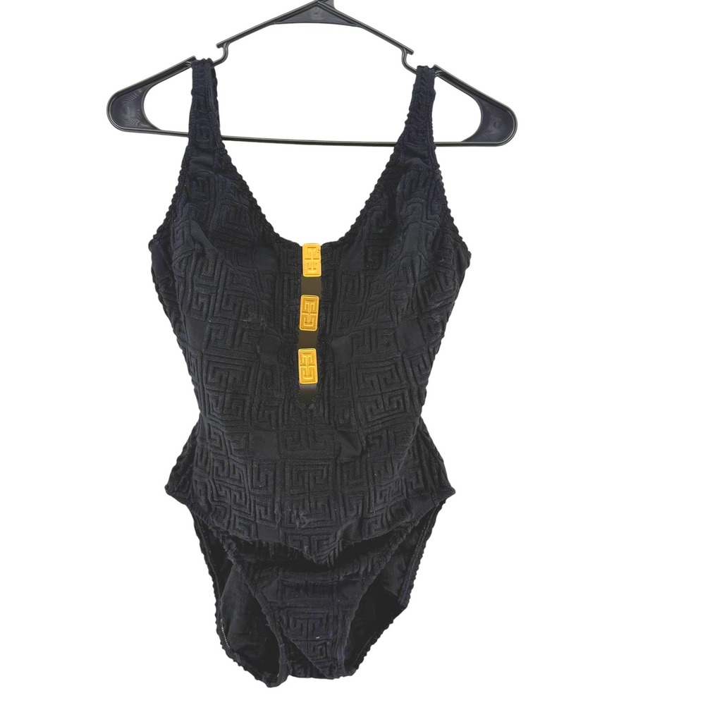 La Blanca Vintage 14 Black Greek Key Textured One Piece Swimsuit Gold Hardware